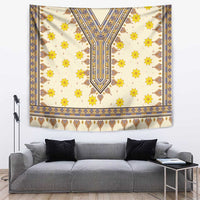 Yellow flower dashiki tapestry wall hanging, centered V motif and blue trim border