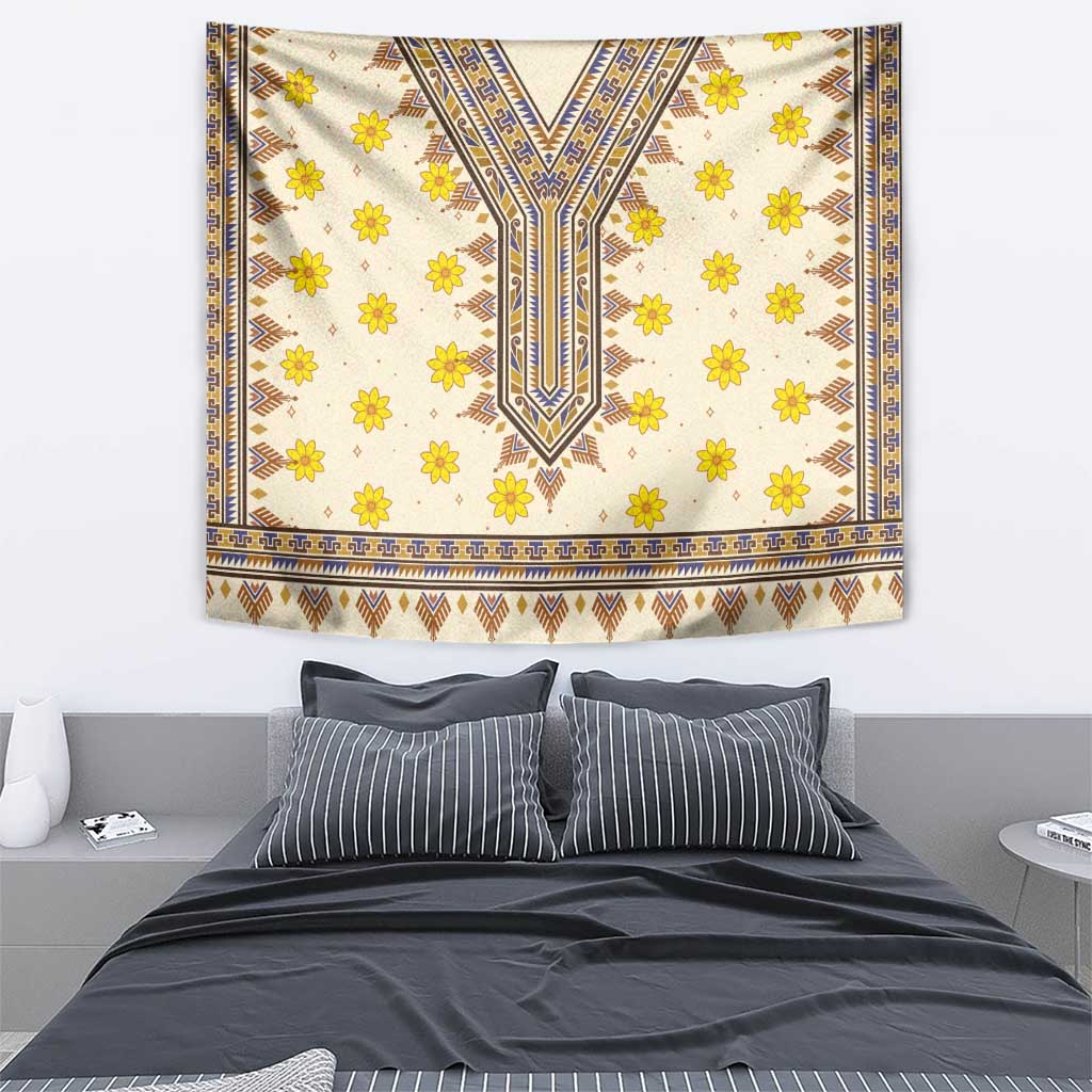 Yellow flower dashiki tapestry wall hanging with V motif and patterned bottom fringe
