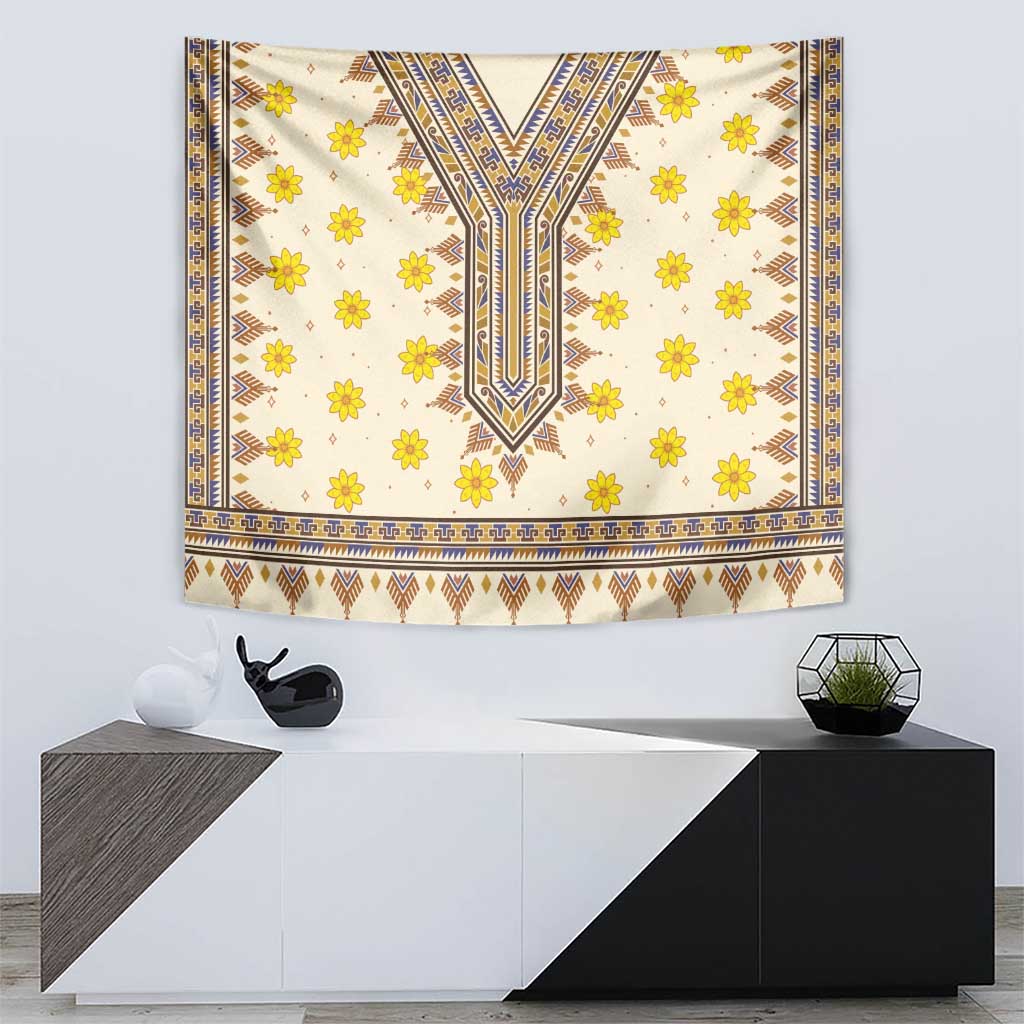 Yellow flower dashiki tapestry wall hanging with blue and brown geometric border