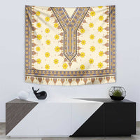 Yellow flower dashiki tapestry wall hanging with blue and brown geometric border