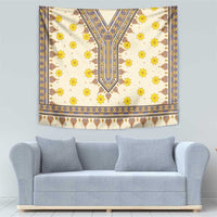 Yellow flower dashiki tapestry wall hanging with geometric V motif and blue accent band