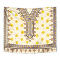 Yellow flower dashiki tapestry with central V motif and blue geometric linework