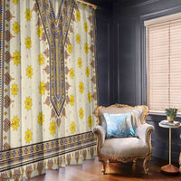 Yellow flower dashiki style curtain panel with vertical blue and brown geometric stripes