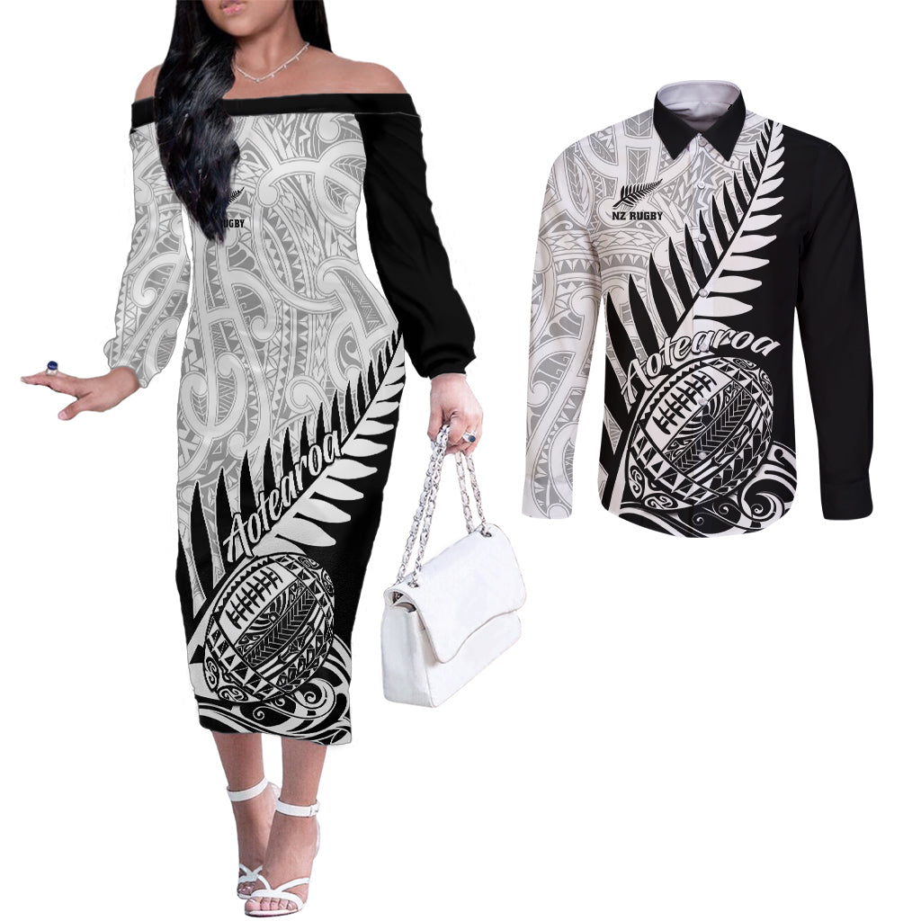 new-zealand-silver-fern-rugby-couples-matching-off-the-shoulder-long-sleeve-dress-and-long-sleeve-button-shirts-aotearoa-maori-black-version