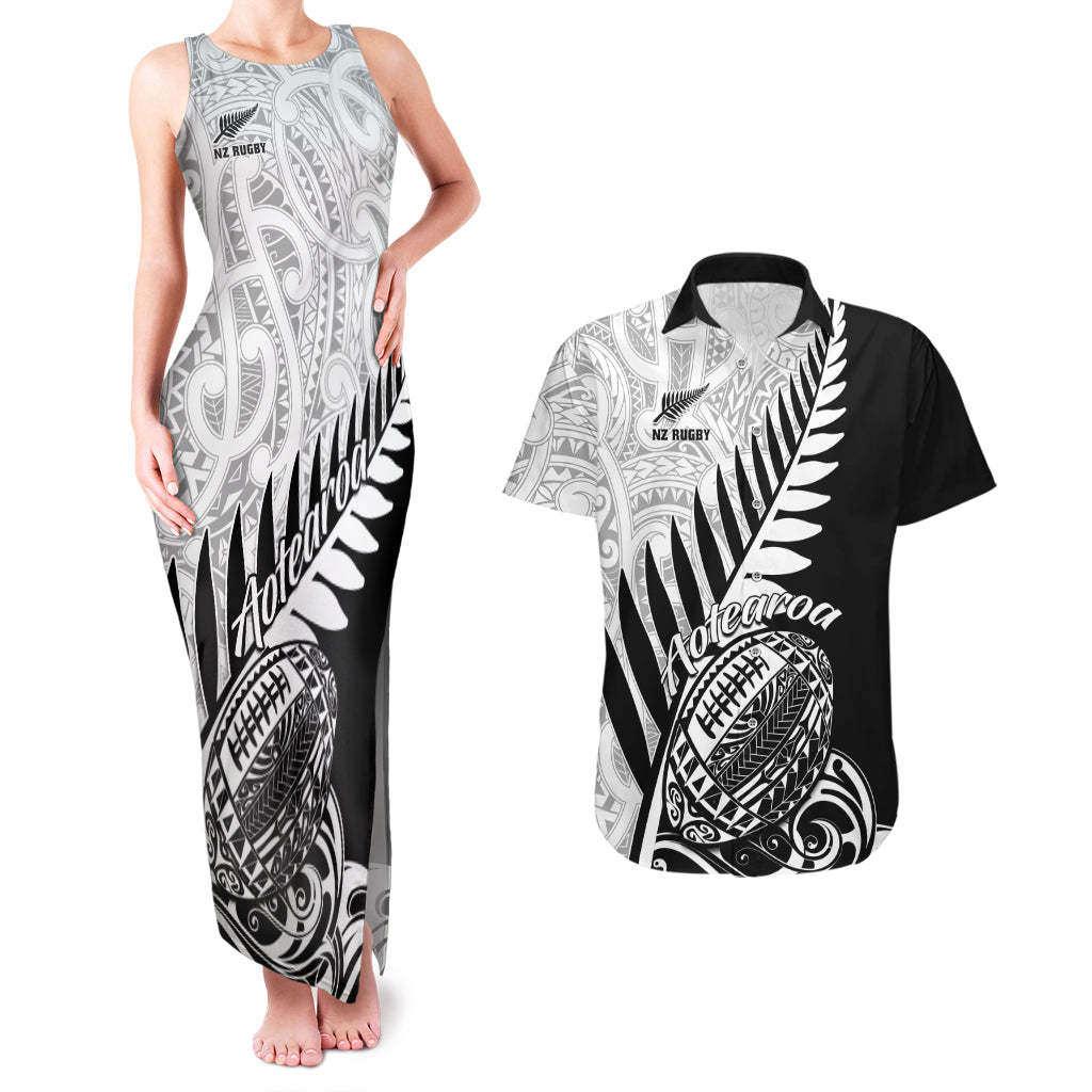 New Zealand Silver Fern Rugby Couples Matching Tank Maxi Dress and Hawaiian Shirt Aotearoa Maori Black Version - Wonder Print Shop