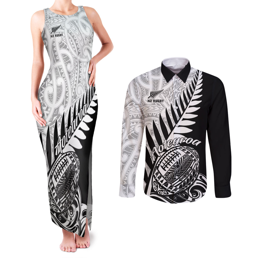 New Zealand Silver Fern Rugby Couples Matching Tank Maxi Dress and Long Sleeve Button Shirts Aotearoa Maori Black Version - Wonder Print Shop