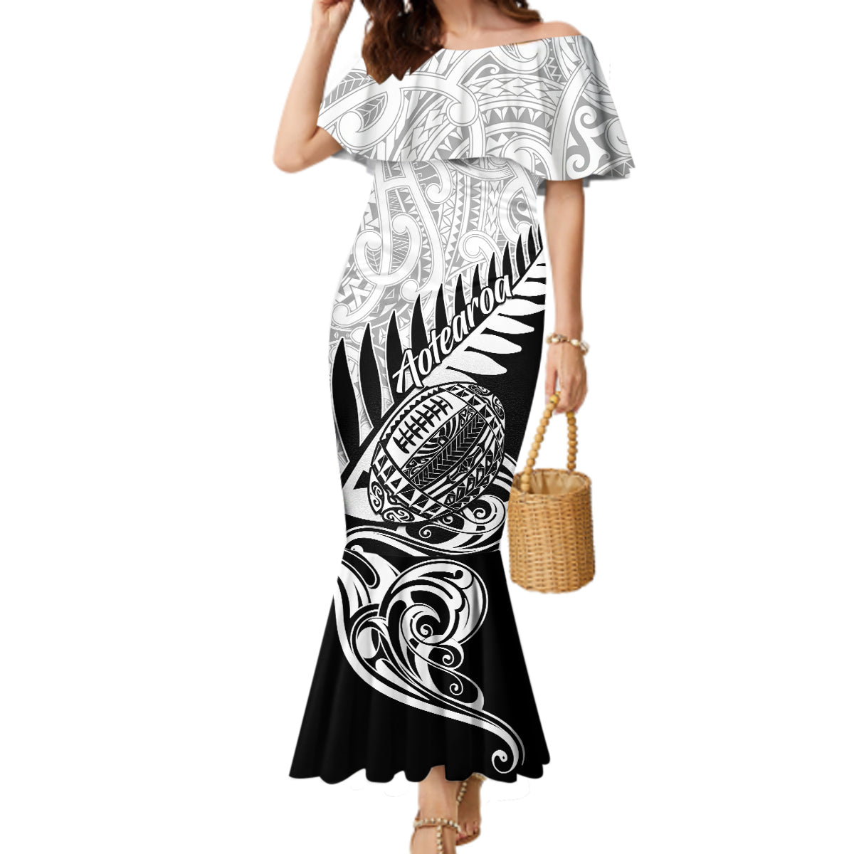 New Zealand Silver Fern Rugby Mermaid Dress Aotearoa Maori Black Version - Wonder Print Shop