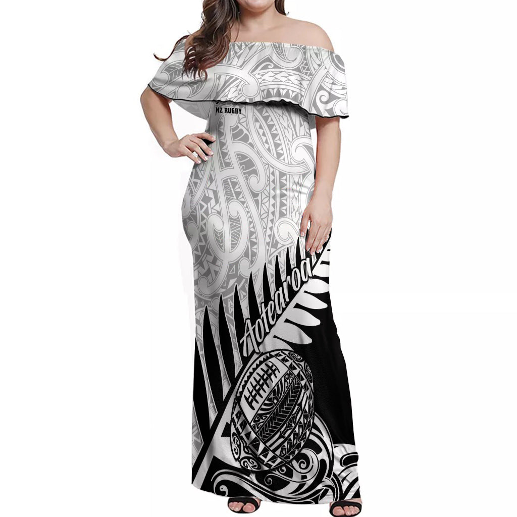 New Zealand Silver Fern Rugby Off Shoulder Maxi Dress Aotearoa Maori Black Version - Wonder Print Shop