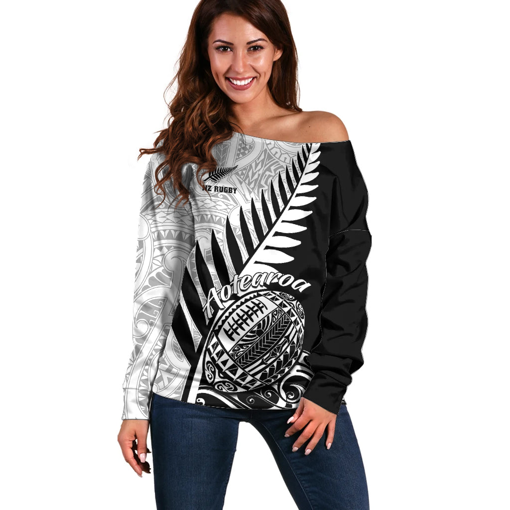 New Zealand Silver Fern Rugby Off Shoulder Sweater Aotearoa Maori Black Version - Wonder Print Shop