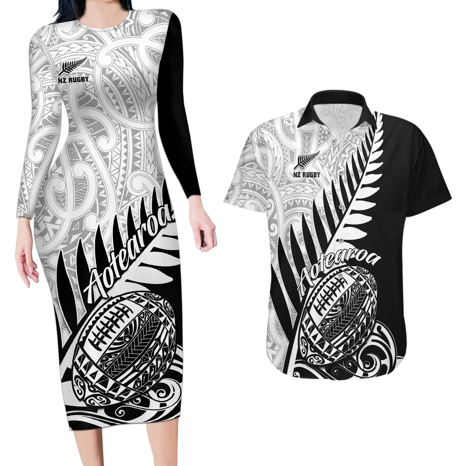 Custom New Zealand Silver Fern Rugby Couples Matching Long Sleeve Bodycon Dress and Hawaiian Shirt Aotearoa Maori Black Version - Wonder Print Shop