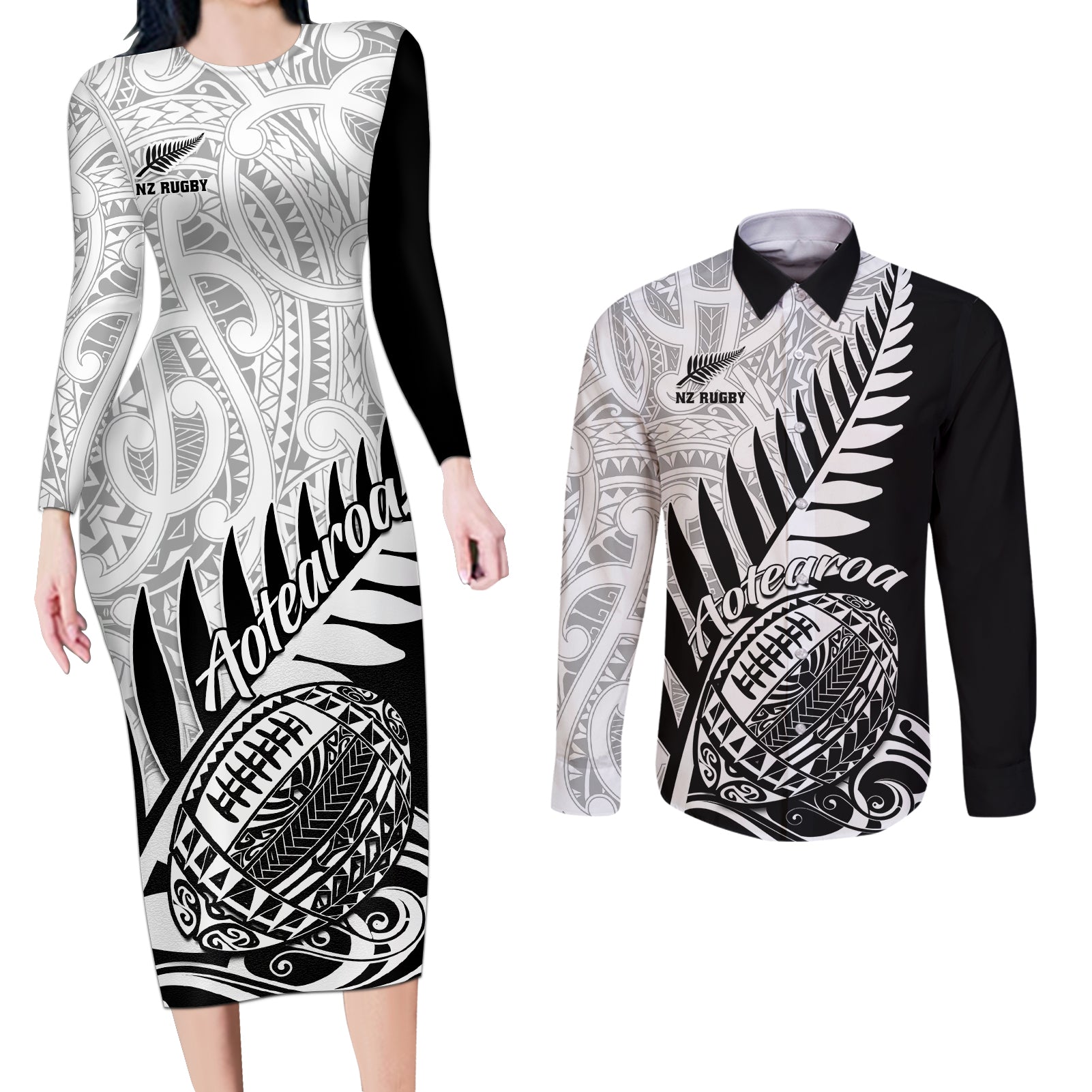 Custom New Zealand Silver Fern Rugby Couples Matching Long Sleeve Bodycon Dress and Long Sleeve Button Shirts Aotearoa Maori Black Version - Wonder Print Shop