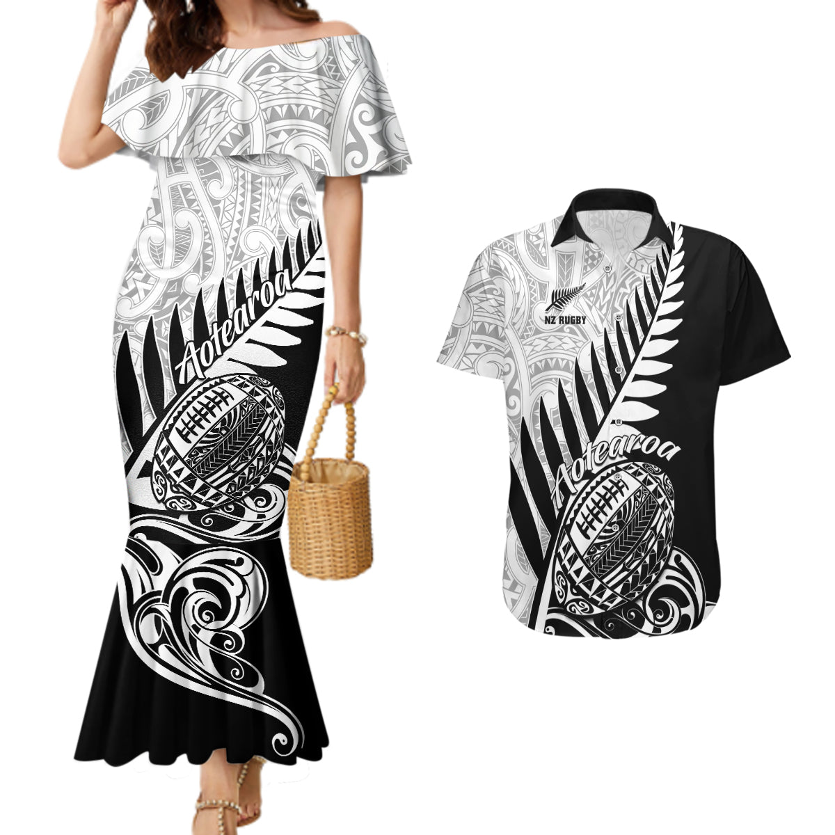 Custom New Zealand Silver Fern Rugby Couples Matching Mermaid Dress and Hawaiian Shirt Aotearoa Maori Black Version - Wonder Print Shop