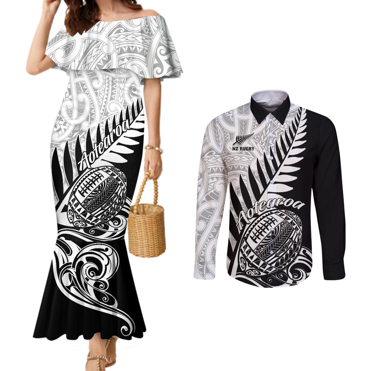 custom-new-zealand-silver-fern-rugby-couples-matching-mermaid-dress-and-long-sleeve-button-shirts-aotearoa-maori-black-version