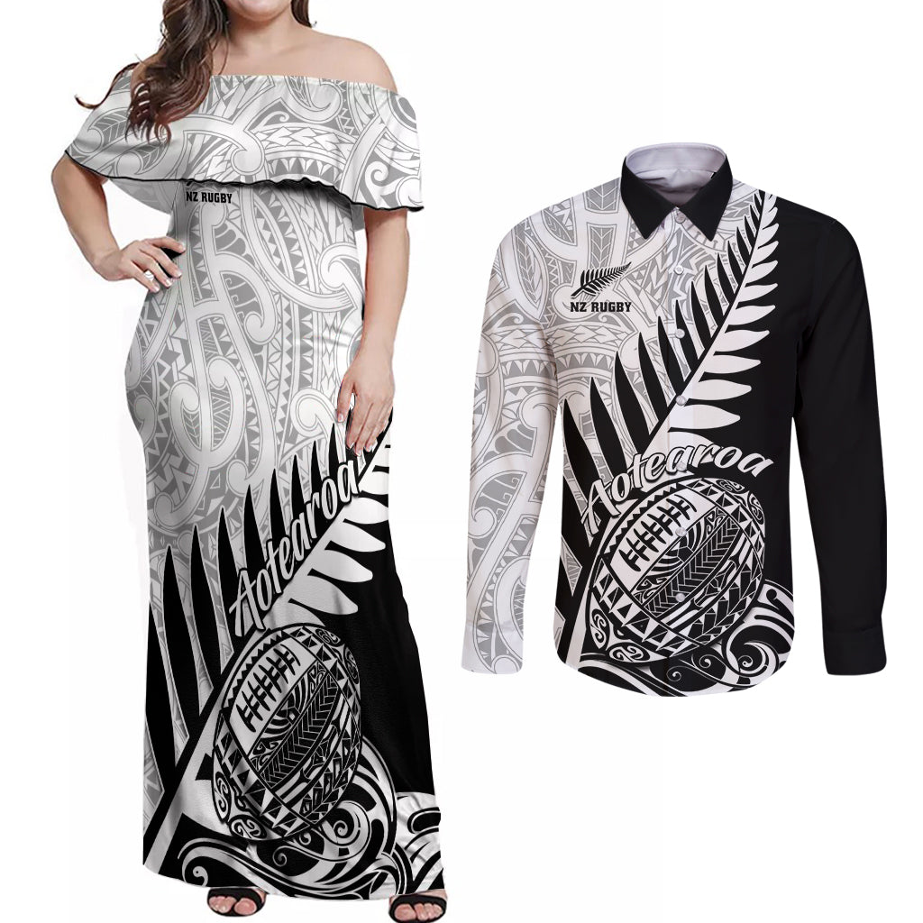 Custom New Zealand Silver Fern Rugby Couples Matching Off Shoulder Maxi Dress and Long Sleeve Button Shirts Aotearoa Maori Black Version - Wonder Print Shop