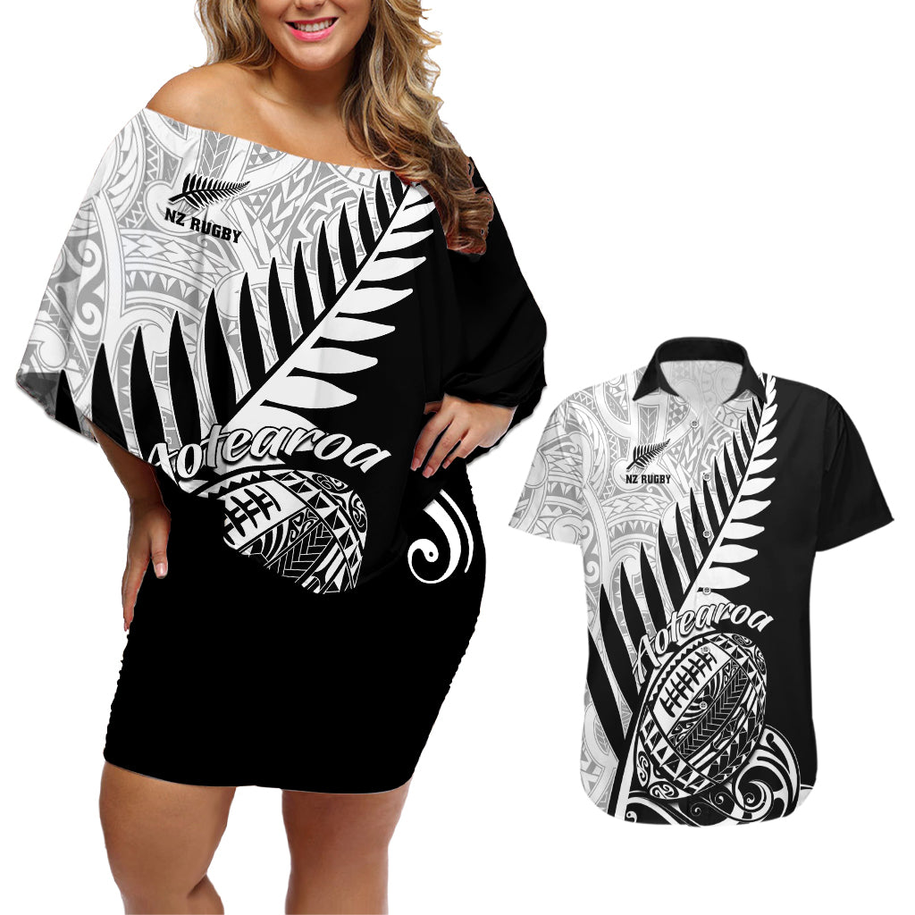 Custom New Zealand Silver Fern Rugby Couples Matching Off Shoulder Short Dress and Hawaiian Shirt Aotearoa Maori Black Version - Wonder Print Shop