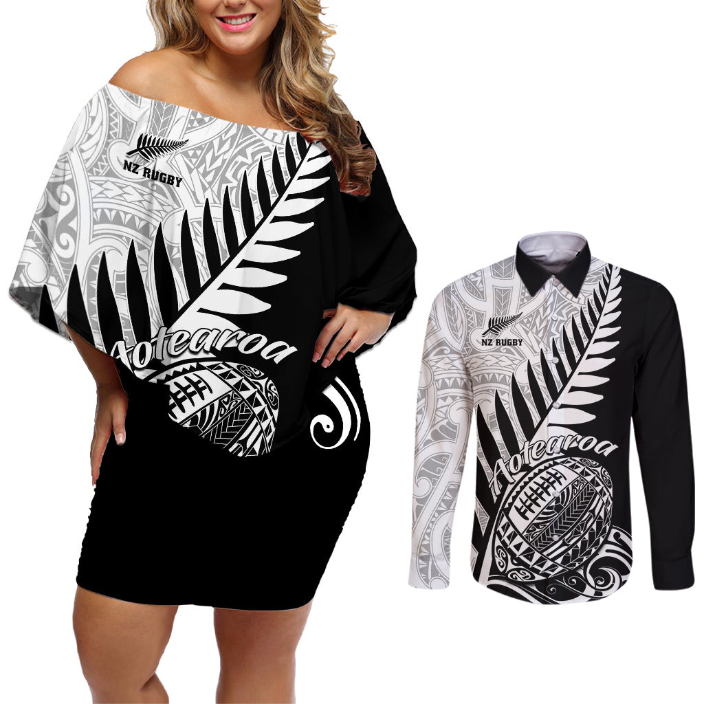 Custom New Zealand Silver Fern Rugby Couples Matching Off Shoulder Short Dress and Long Sleeve Button Shirts Aotearoa Maori Black Version - Wonder Print Shop