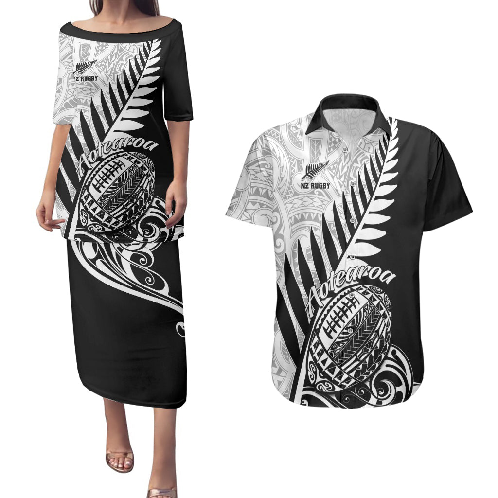 Custom New Zealand Silver Fern Rugby Couples Matching Puletasi Dress and Hawaiian Shirt Aotearoa Maori Black Version - Wonder Print Shop