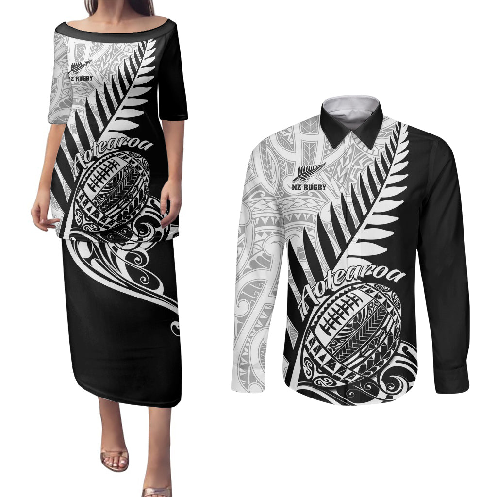 Custom New Zealand Silver Fern Rugby Couples Matching Puletasi Dress and Long Sleeve Button Shirts Aotearoa Maori Black Version - Wonder Print Shop