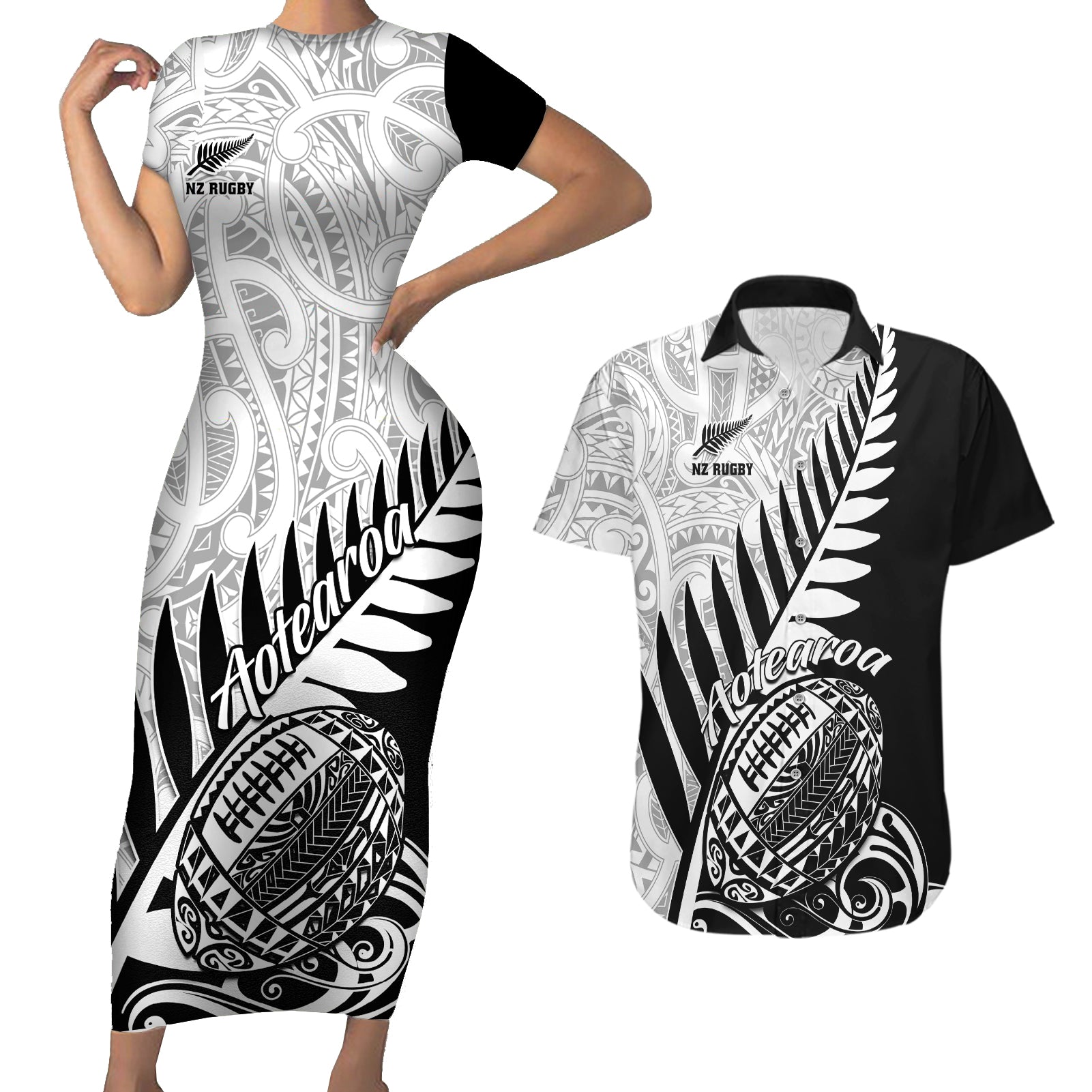 Custom New Zealand Silver Fern Rugby Couples Matching Short Sleeve Bodycon Dress and Hawaiian Shirt Aotearoa Maori Black Version - Wonder Print Shop