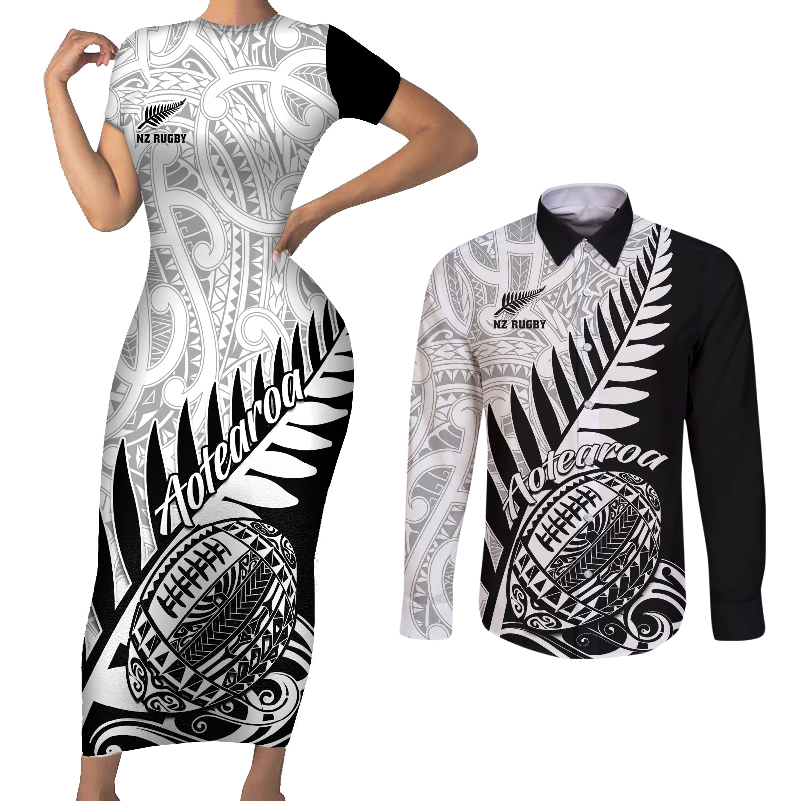 Custom New Zealand Silver Fern Rugby Couples Matching Short Sleeve Bodycon Dress and Long Sleeve Button Shirts Aotearoa Maori Black Version - Wonder Print Shop