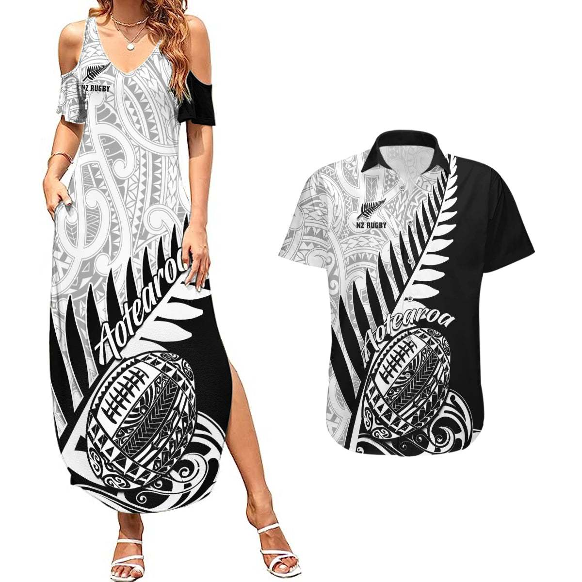 Custom New Zealand Silver Fern Rugby Couples Matching Summer Maxi Dress and Hawaiian Shirt Aotearoa Maori Black Version - Wonder Print Shop