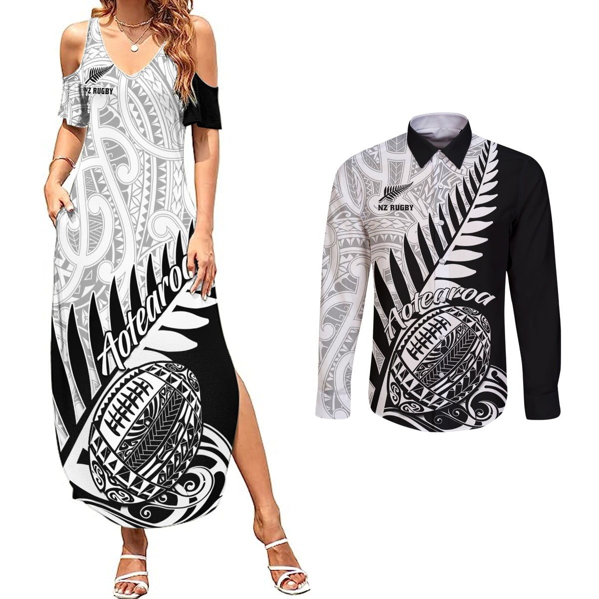 Custom New Zealand Silver Fern Rugby Couples Matching Summer Maxi Dress and Long Sleeve Button Shirts Aotearoa Maori Black Version - Wonder Print Shop