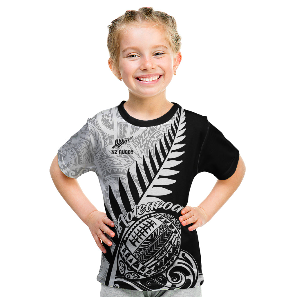 Custom New Zealand Silver Fern Rugby Kid T Shirt Aotearoa Maori Black Version - Wonder Print Shop