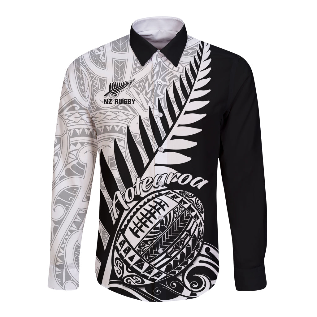 Custom New Zealand Silver Fern Rugby Long Sleeve Button Shirt Aotearoa Maori Black Version - Wonder Print Shop