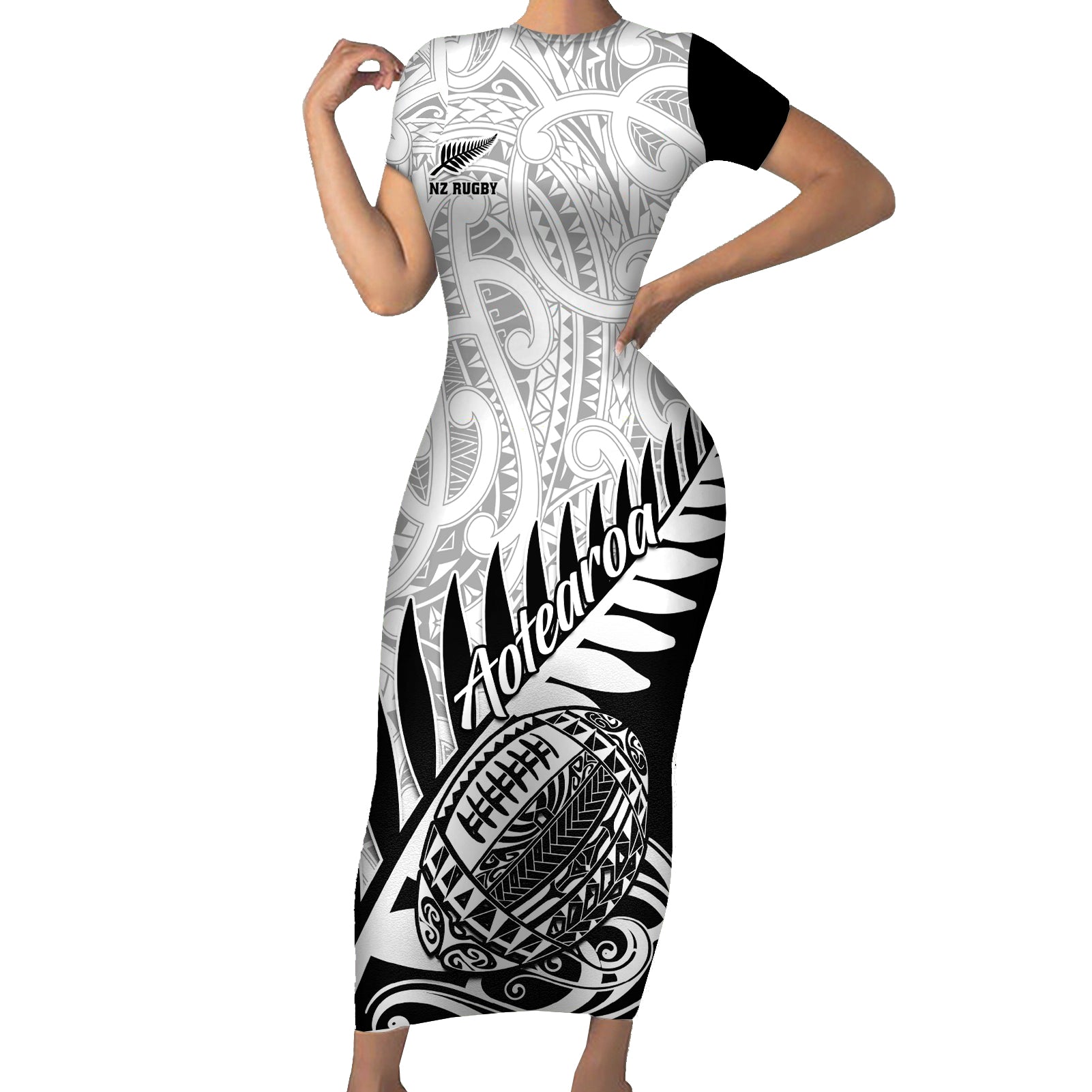 Custom New Zealand Silver Fern Rugby Short Sleeve Bodycon Dress Aotearoa Maori Black Version - Wonder Print Shop