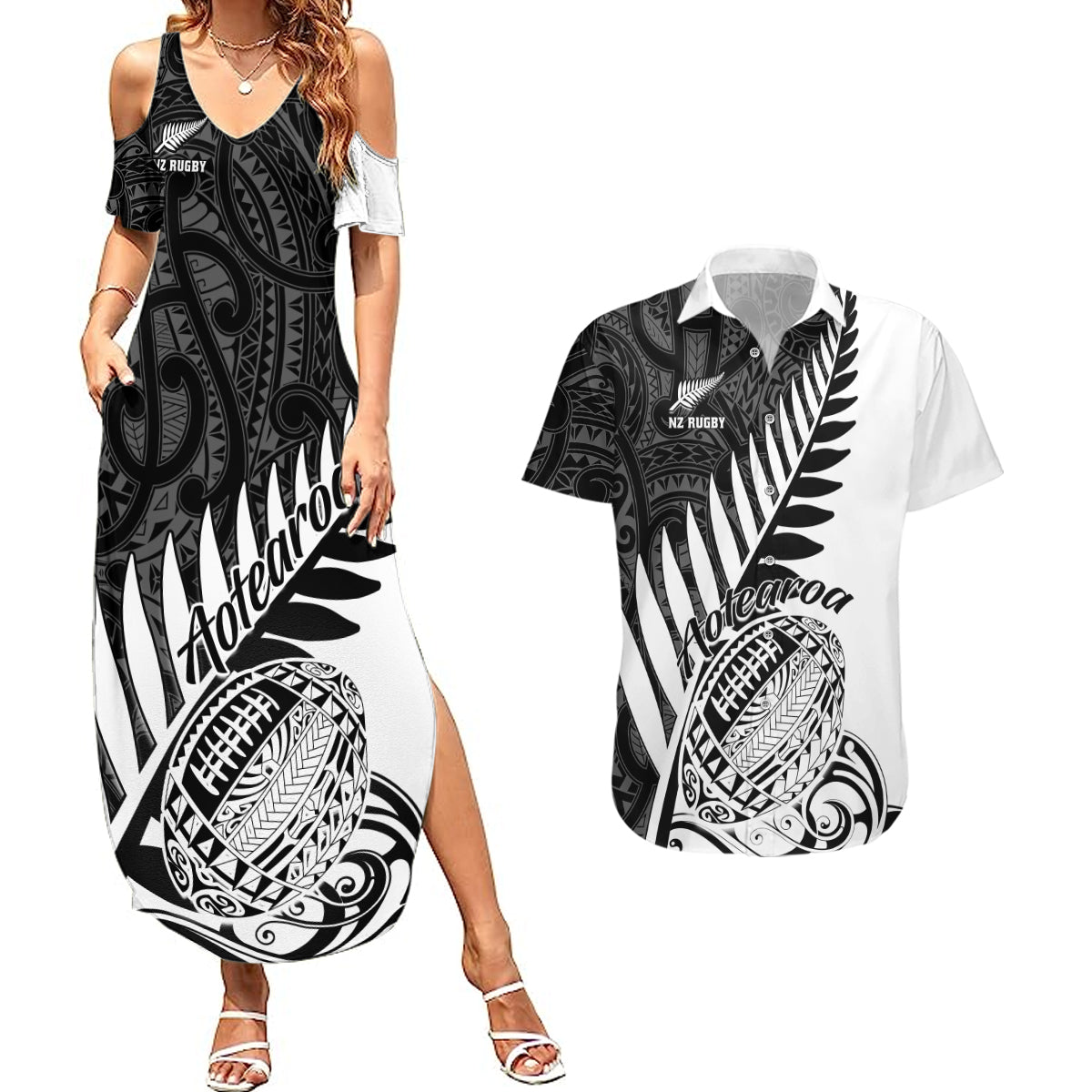 New Zealand Silver Fern Rugby Couples Matching Summer Maxi Dress and Hawaiian Shirt Aotearoa Maori White Version - Wonder Print Shop