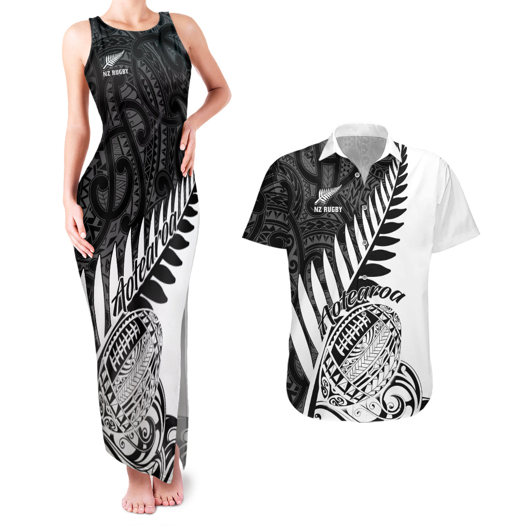 New Zealand Silver Fern Rugby Couples Matching Tank Maxi Dress and Hawaiian Shirt Aotearoa Maori White Version - Wonder Print Shop