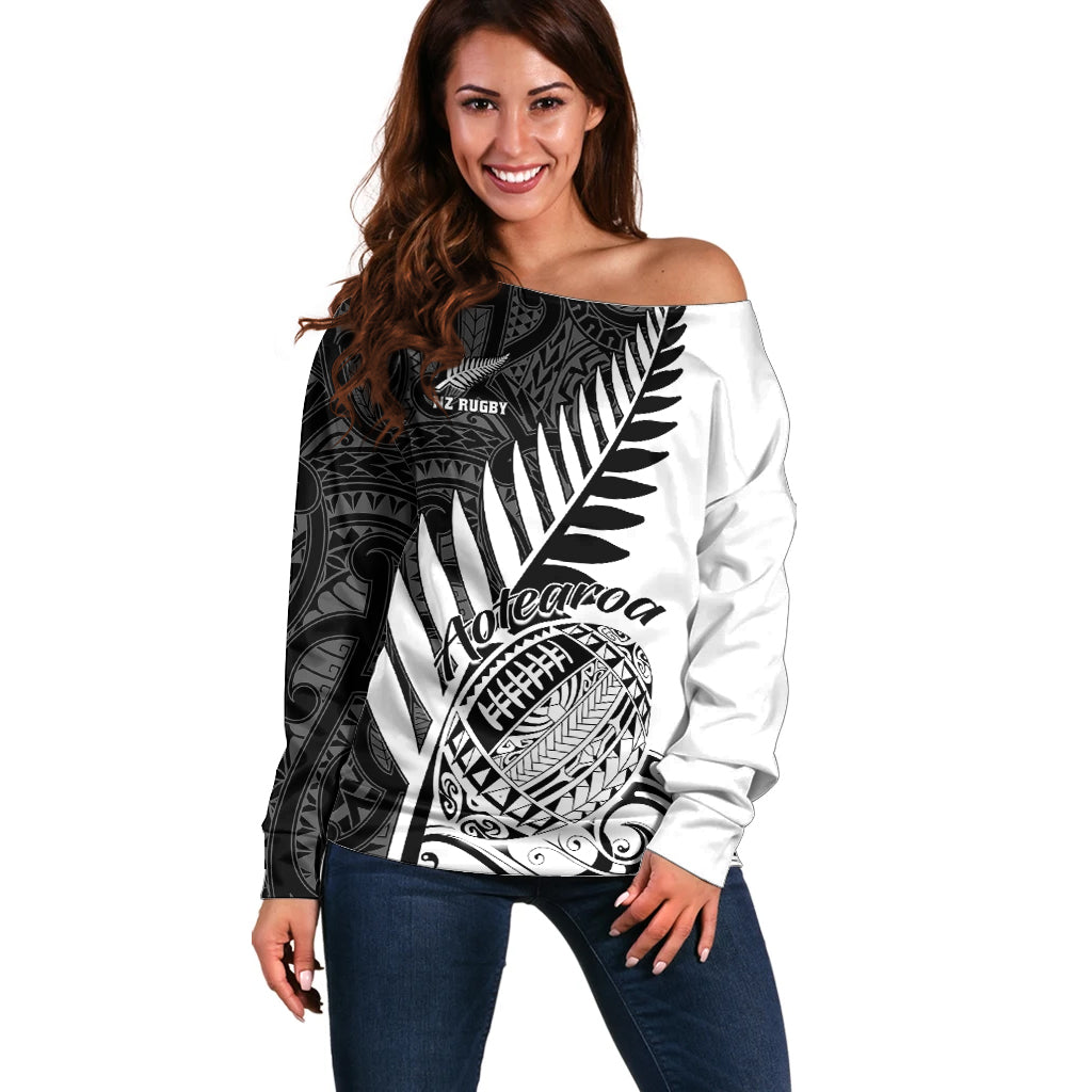 New Zealand Silver Fern Rugby Off Shoulder Sweater Aotearoa Maori White Version - Wonder Print Shop