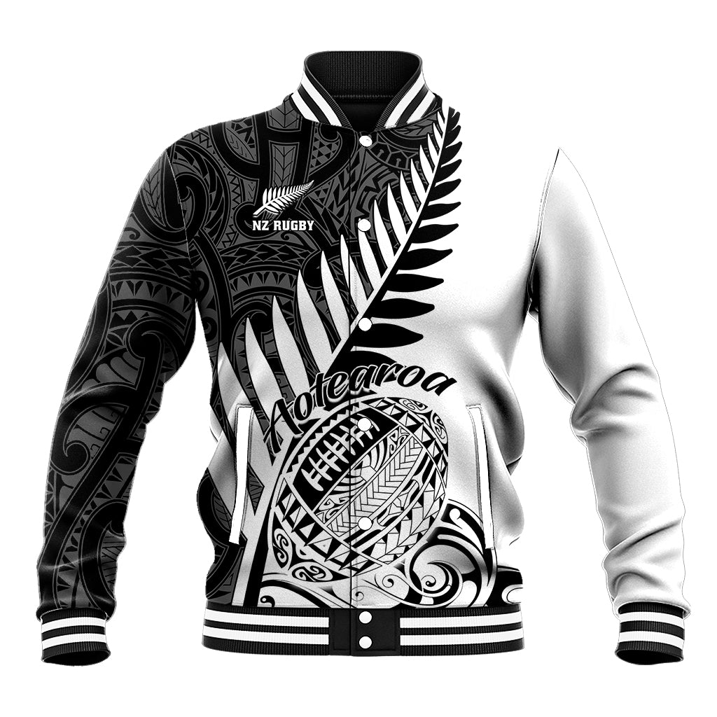 Baseball varsity jacket with black-and-white tribal print, striped rib collar, snap buttons
