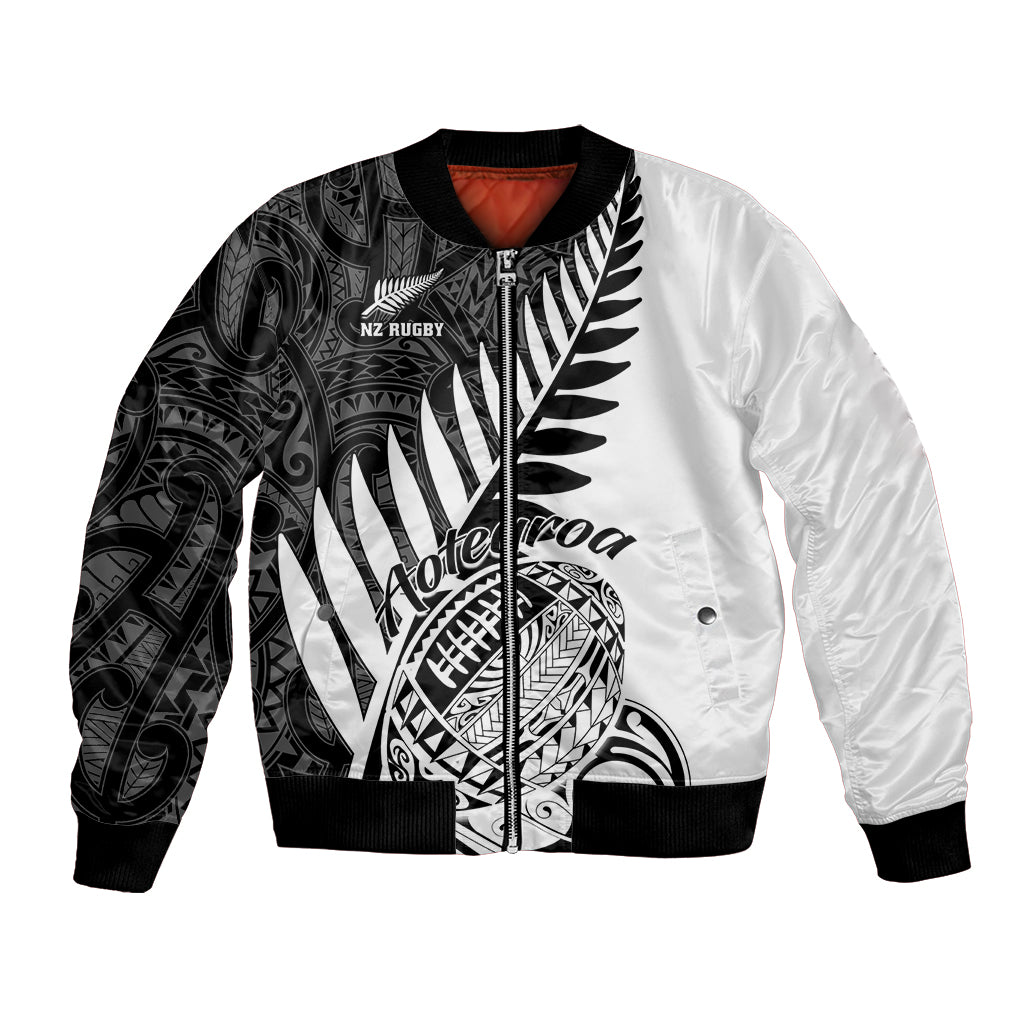 Two-tone white and black rugby bomber jacket with ribbed collar, cuffs, and zip front.