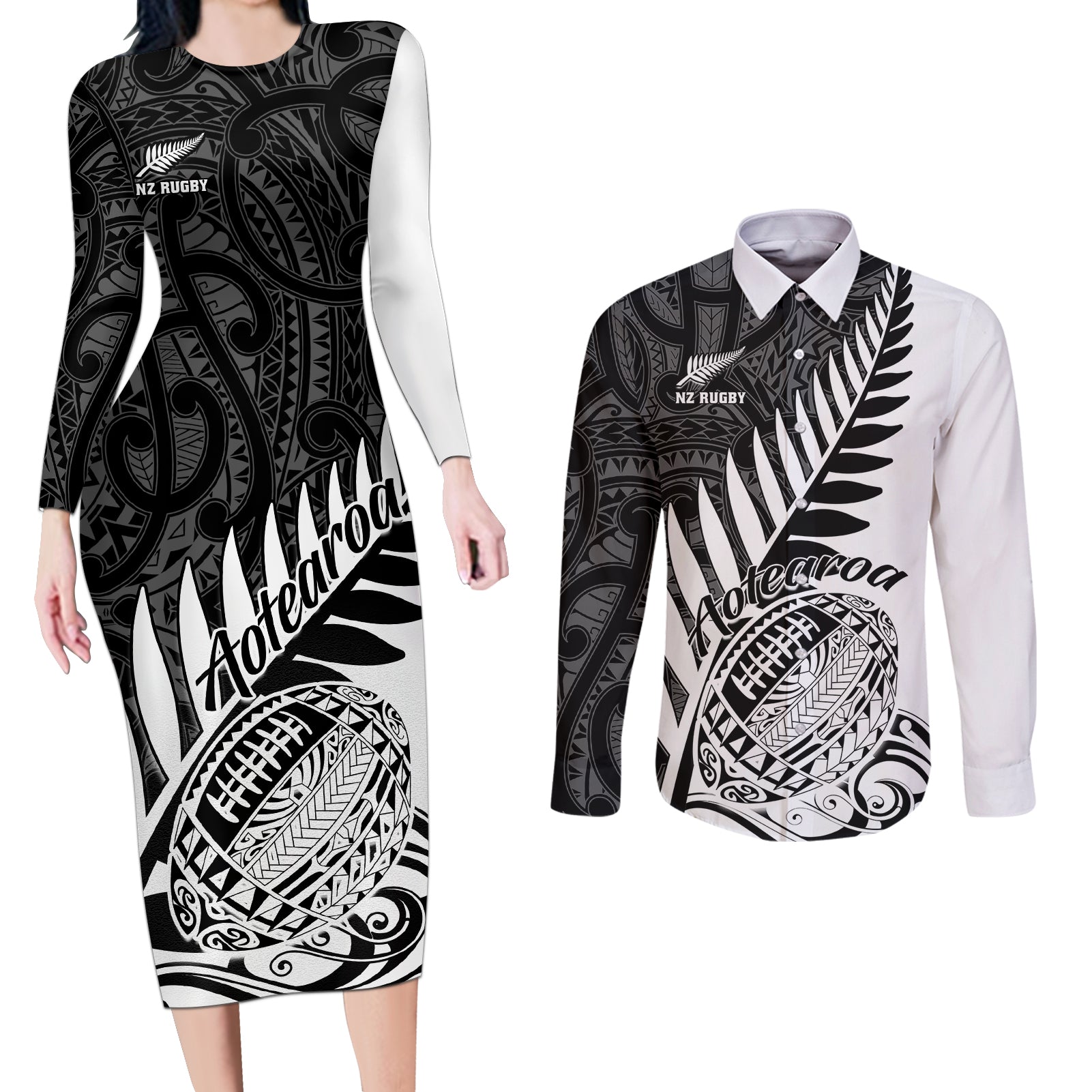 Custom New Zealand Silver Fern Rugby Couples Matching Long Sleeve Bodycon Dress and Long Sleeve Button Shirts Aotearoa Maori White Version - Wonder Print Shop