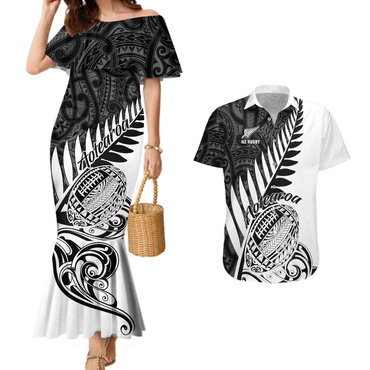 Custom New Zealand Silver Fern Rugby Couples Matching Mermaid Dress and Hawaiian Shirt Aotearoa Maori White Version - Wonder Print Shop