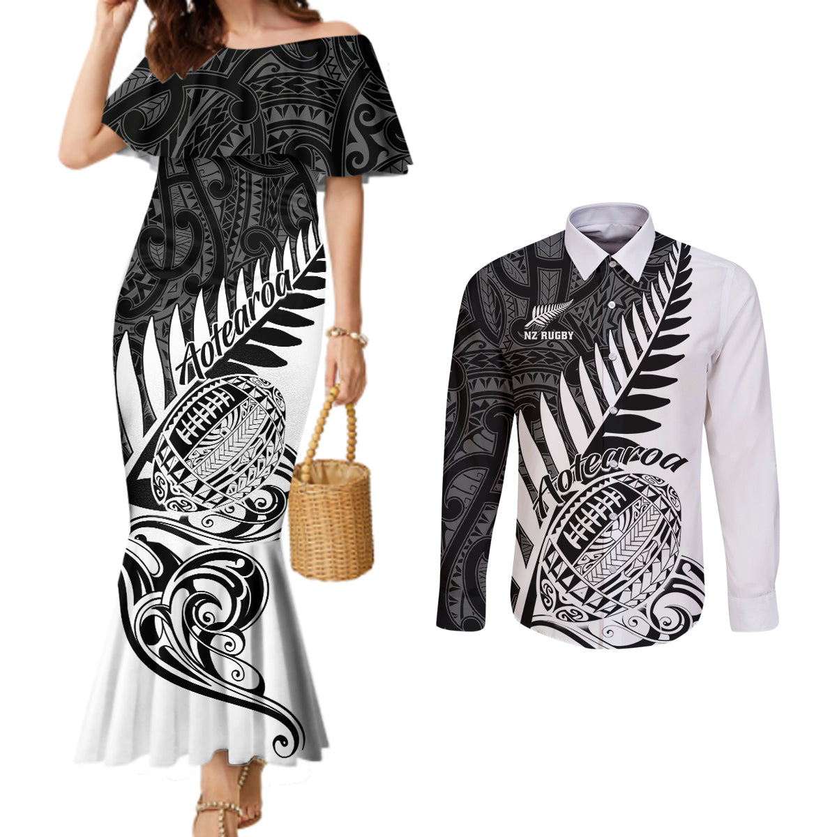 custom-new-zealand-silver-fern-rugby-couples-matching-mermaid-dress-and-long-sleeve-button-shirts-aotearoa-maori-white-version