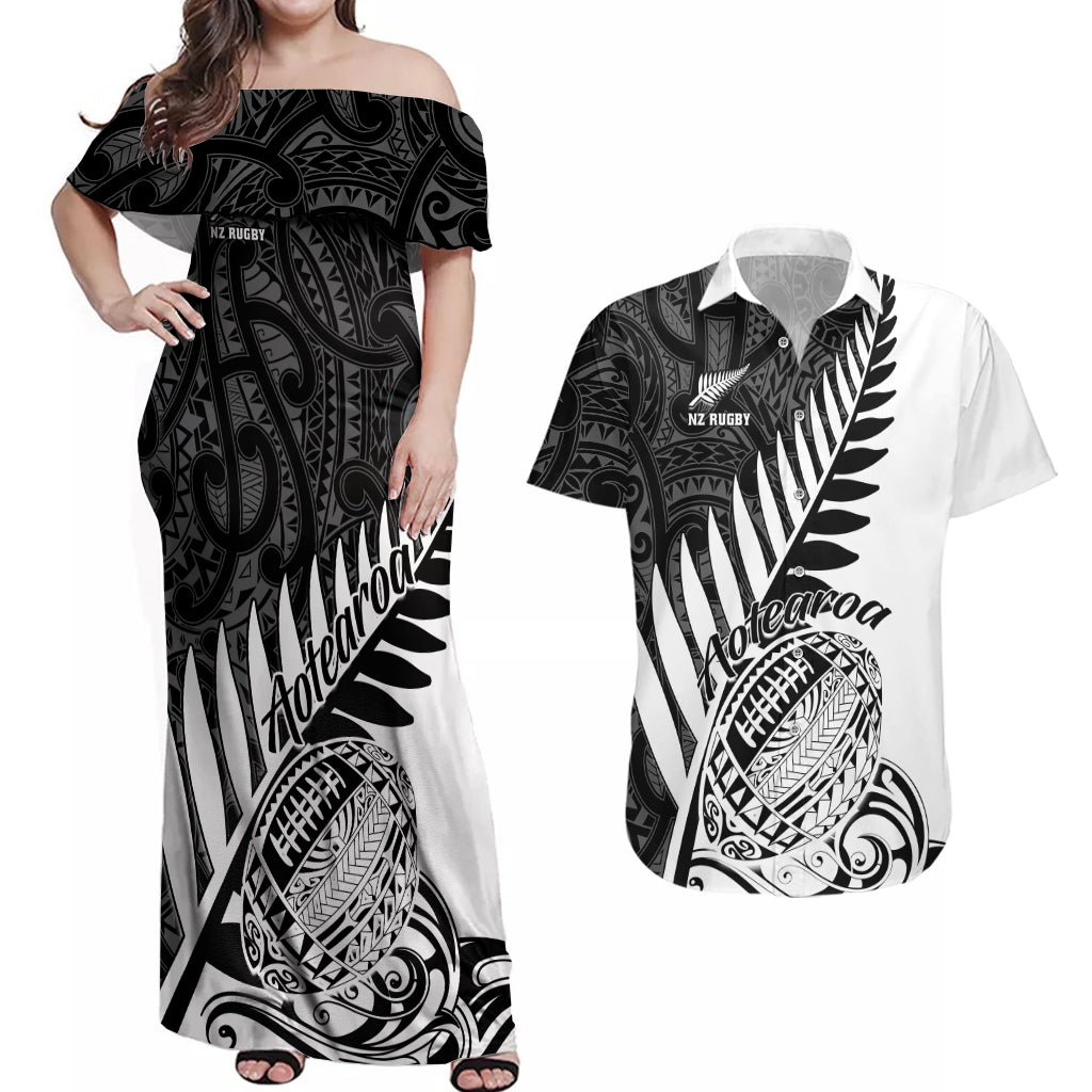 Custom New Zealand Silver Fern Rugby Couples Matching Off Shoulder Maxi Dress and Hawaiian Shirt Aotearoa Maori White Version - Wonder Print Shop