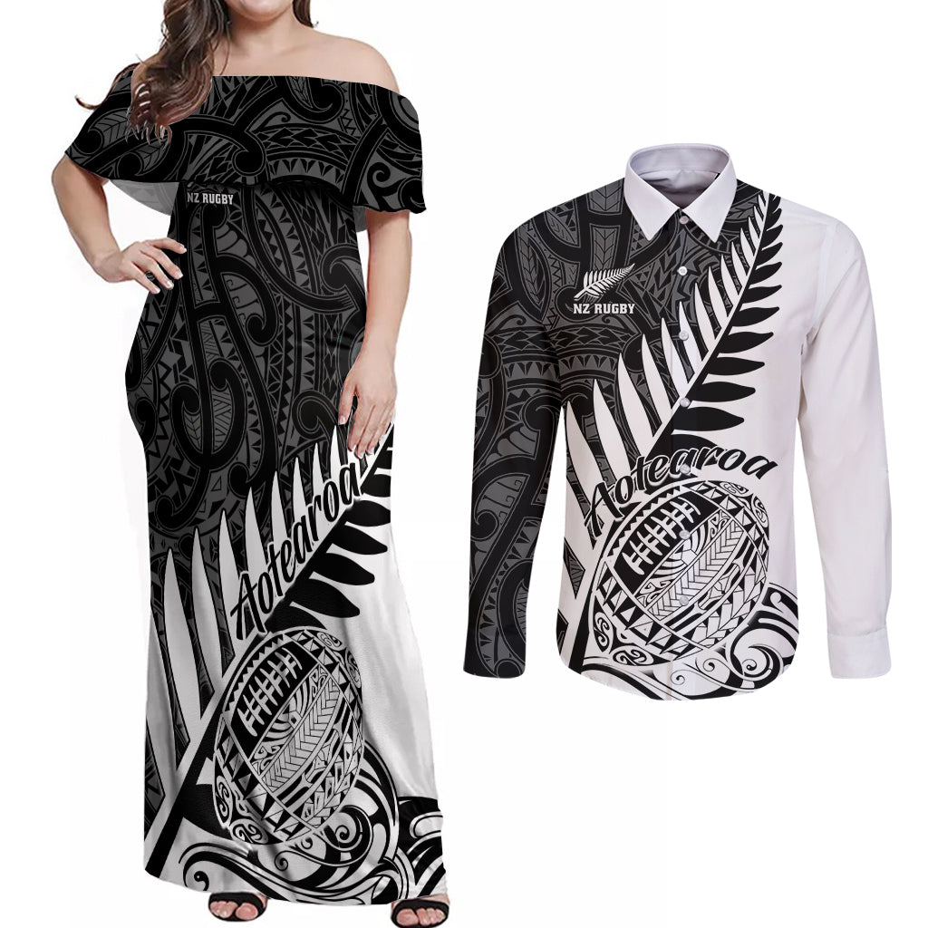 Custom New Zealand Silver Fern Rugby Couples Matching Off Shoulder Maxi Dress and Long Sleeve Button Shirts Aotearoa Maori White Version - Wonder Print Shop