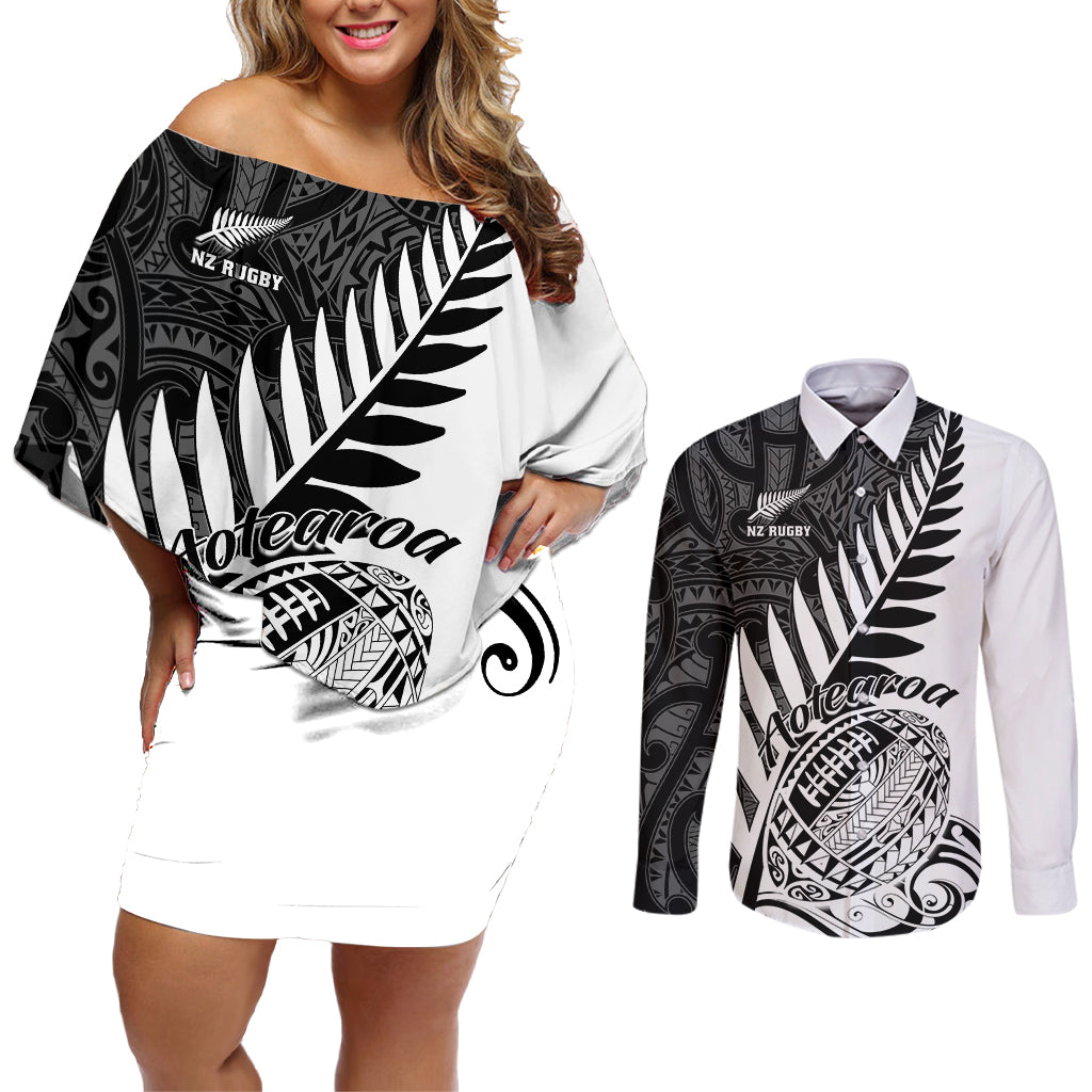 Custom New Zealand Silver Fern Rugby Couples Matching Off Shoulder Short Dress and Long Sleeve Button Shirts Aotearoa Maori White Version - Wonder Print Shop