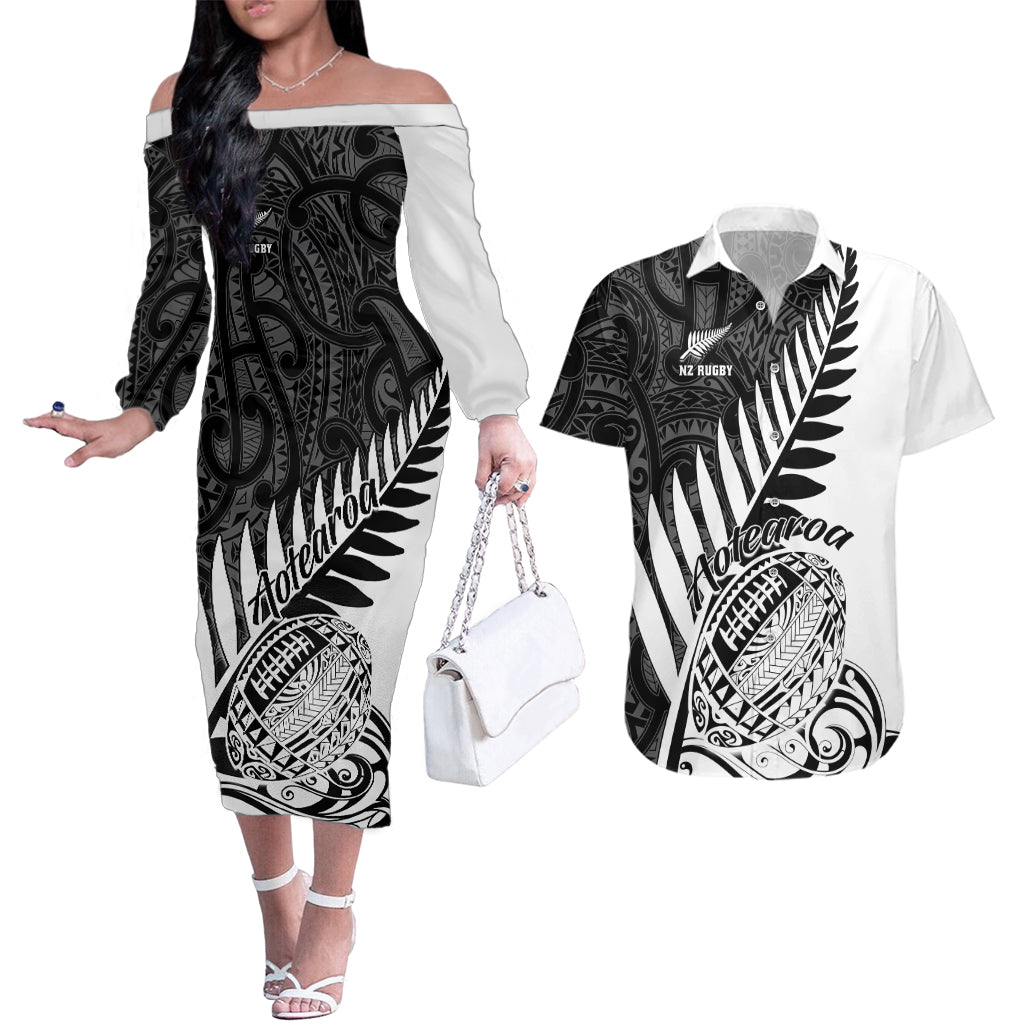 Custom New Zealand Silver Fern Rugby Couples Matching Off The Shoulder Long Sleeve Dress and Hawaiian Shirt Aotearoa Maori White Version - Wonder Print Shop