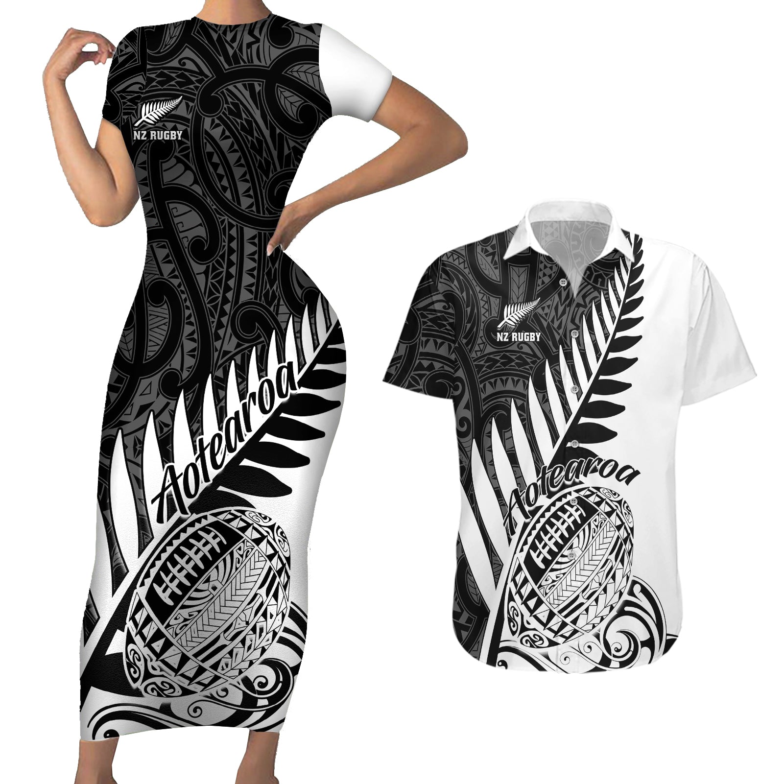 Custom New Zealand Silver Fern Rugby Couples Matching Short Sleeve Bodycon Dress and Hawaiian Shirt Aotearoa Maori White Version - Wonder Print Shop