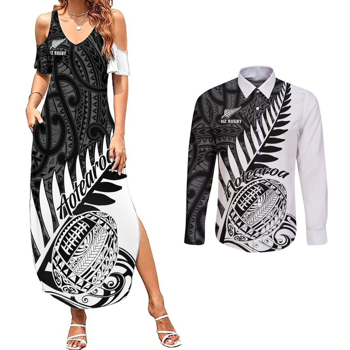 Custom New Zealand Silver Fern Rugby Couples Matching Summer Maxi Dress and Long Sleeve Button Shirts Aotearoa Maori White Version - Wonder Print Shop