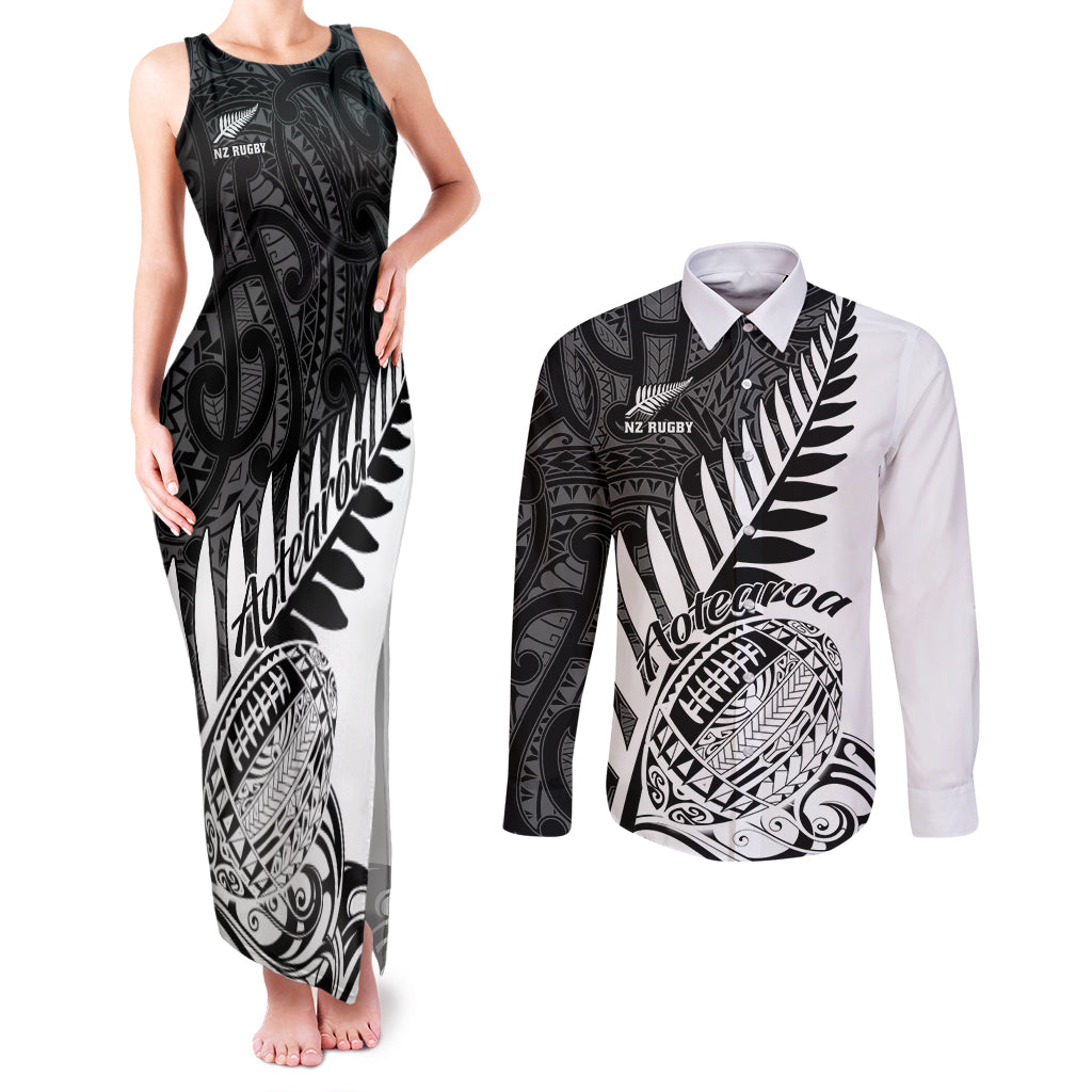 Custom New Zealand Silver Fern Rugby Couples Matching Tank Maxi Dress and Long Sleeve Button Shirts Aotearoa Maori White Version - Wonder Print Shop