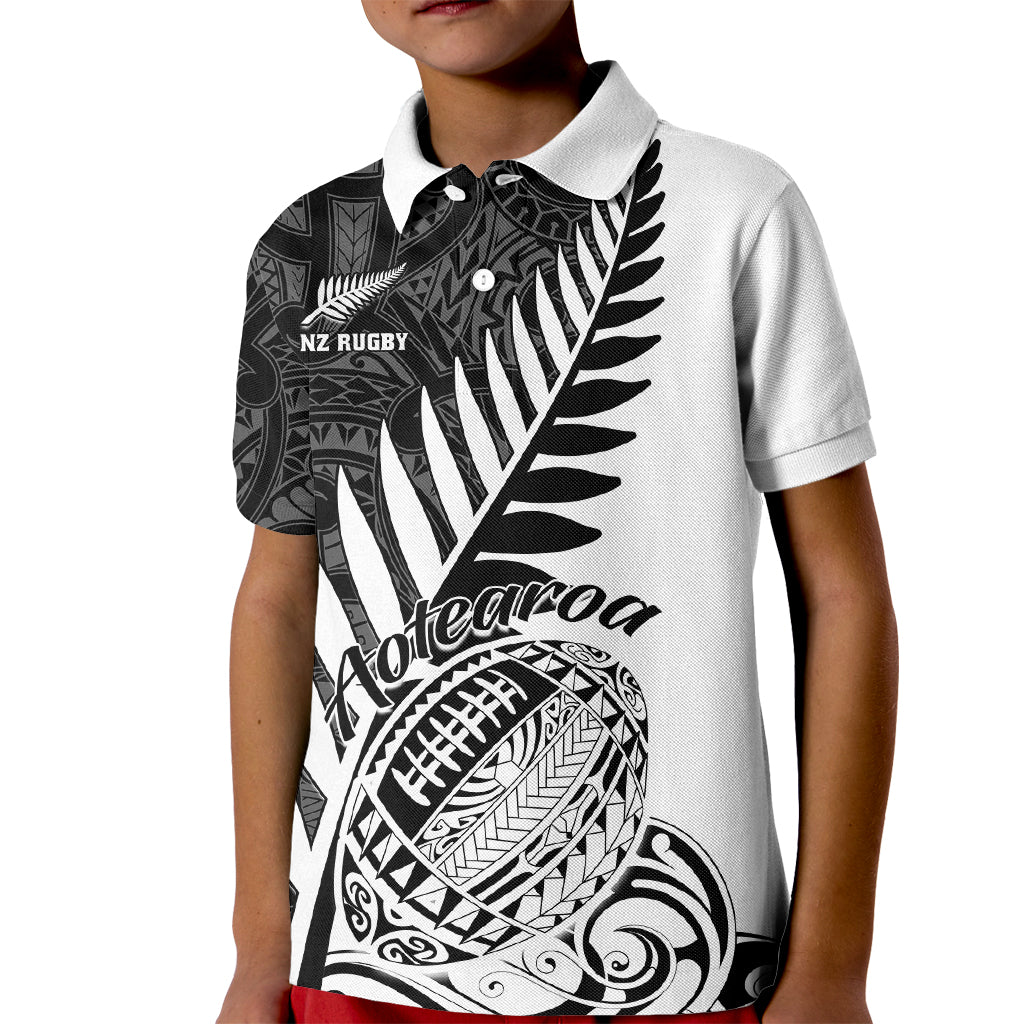 Custom New Zealand Silver Fern Rugby Kid Polo Shirt Aotearoa Maori White Version - Wonder Print Shop