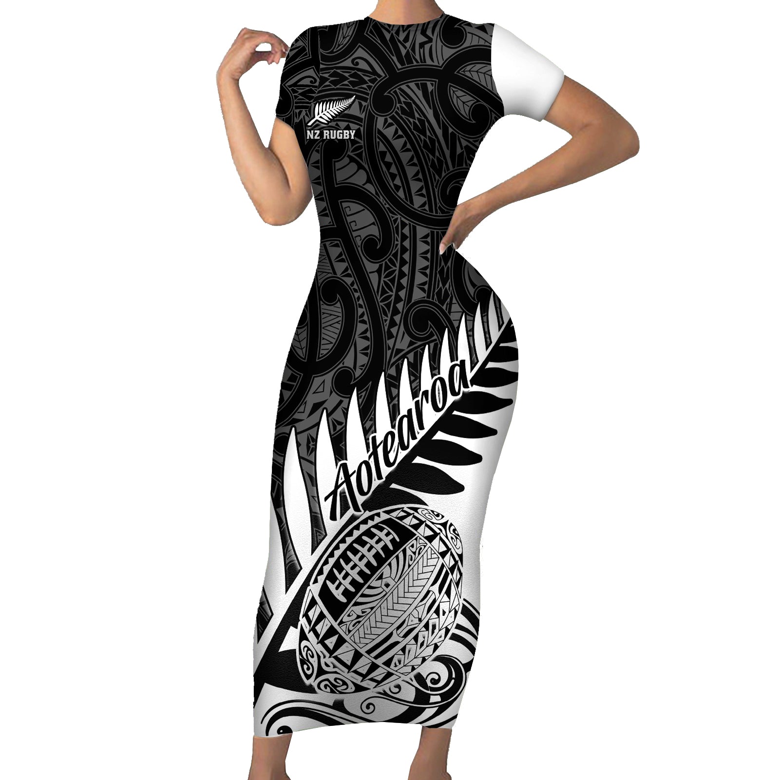 Custom New Zealand Silver Fern Rugby Short Sleeve Bodycon Dress Aotearoa Maori White Version - Wonder Print Shop