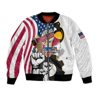 White bomber jacket, black ribbed collar/cuffs, zip front, Labor Day patriotic graphic