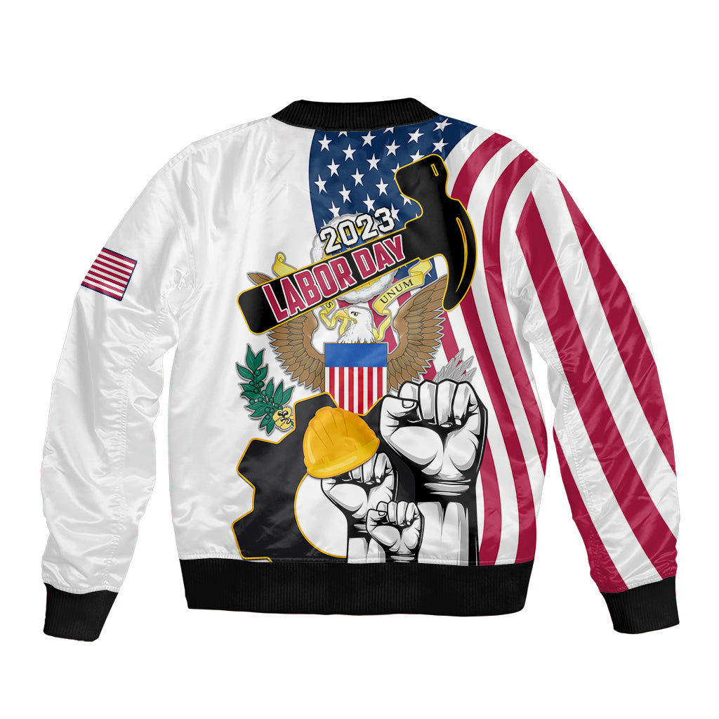 White bomber jacket, black ribbed hem/cuffs, Labor Day back print with stars and stripes