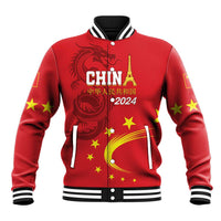 Red varsity baseball jacket with full-zip, dragon emblem, Chinese stars, striped rib trim