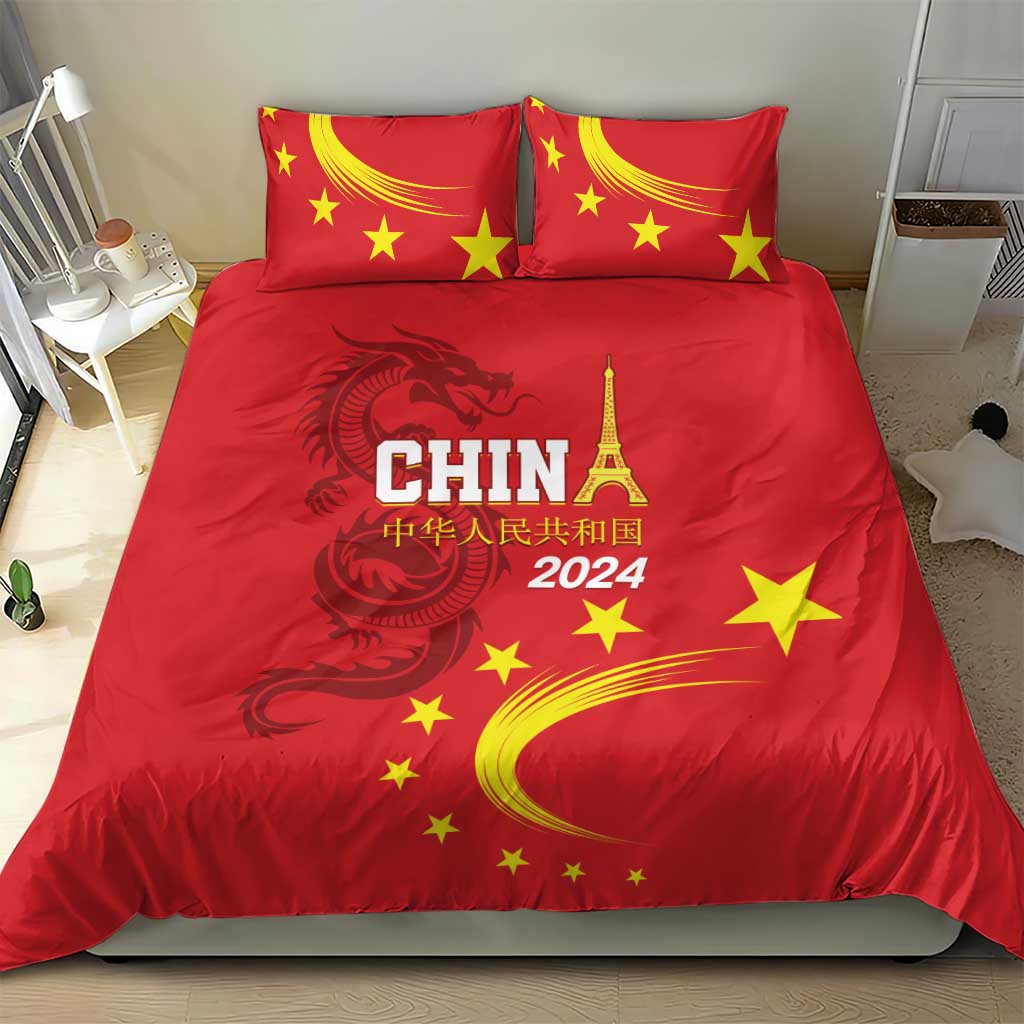 Red bedding set with China 2024, yellow stars, and dragon emblem on duvet